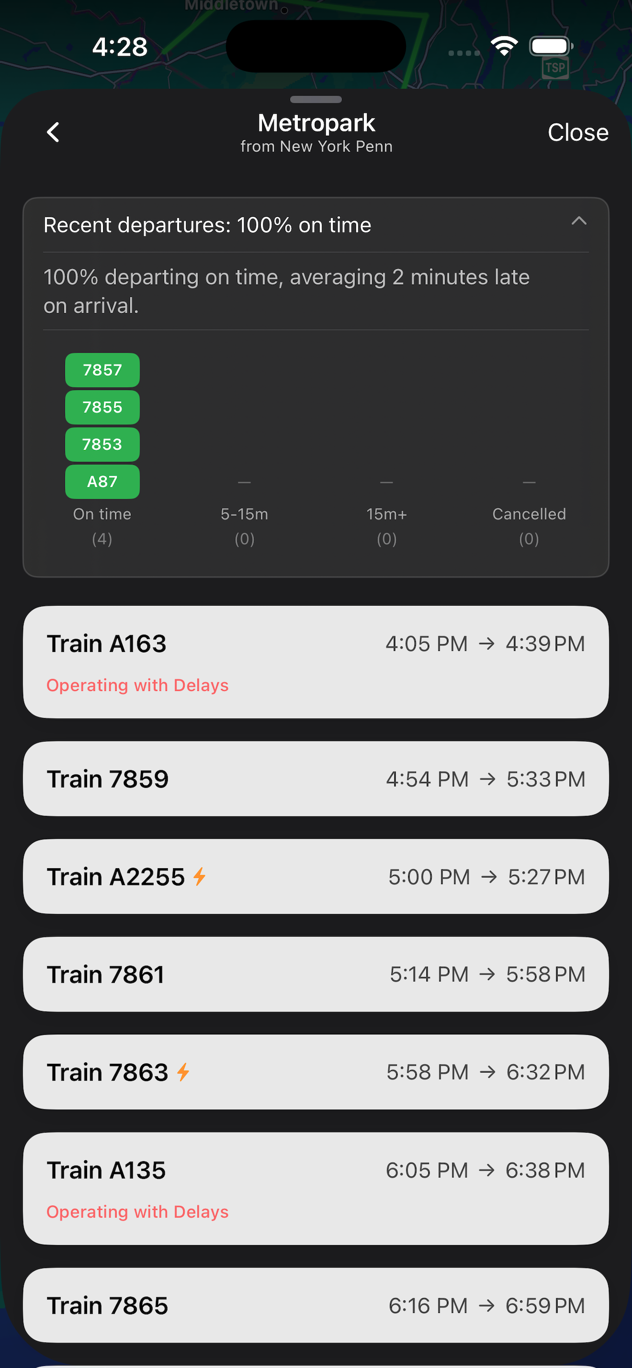 Unified train list showing NJ Transit and Amtrak